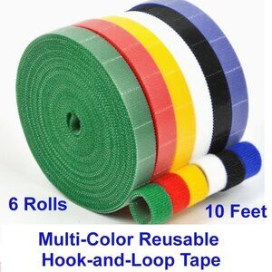 Multi-Color Reusable Hook-and-Loop Tape  6 Rolls  3.3 Feet Each